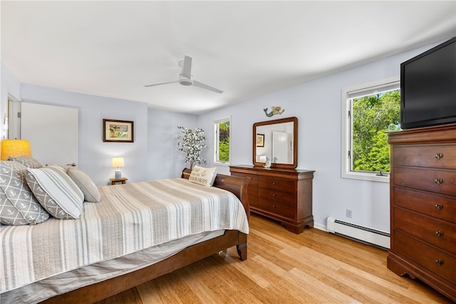 11 Cove Rd, Narragansett, RI 02882 - bedroom featuring a baseboard heating unit, light wood-style floors, multiple windows, and a ceiling fan