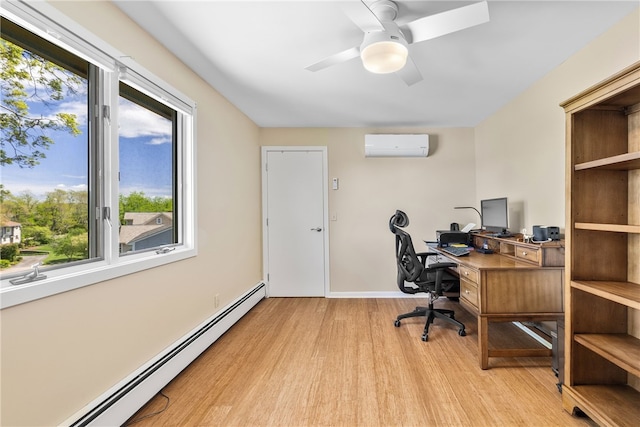 11 Cove Rd, Narragansett, RI 02882 - office featuring a baseboard radiator, a wall mounted AC, light wood finished floors, a ceiling fan, and baseboards