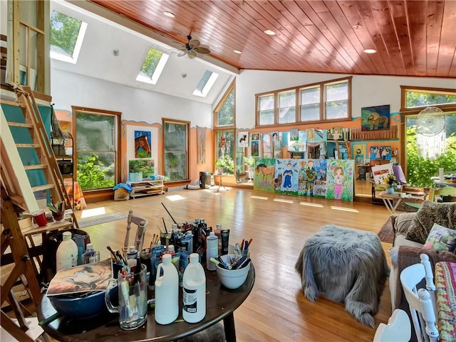 219 Nanaquaket Rd, Tiverton, RI 02878 - living area featuring wood ceiling, wood-type flooring, a skylight, high vaulted ceiling, and ceiling fan