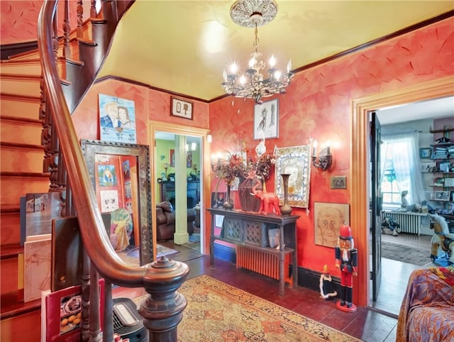 219 Nanaquaket Rd, Tiverton, RI 02878 - interior space featuring a chandelier, stairs, wood-type flooring, and ornamental molding