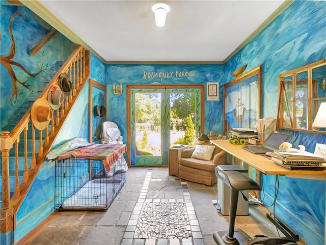 219 Nanaquaket Rd, Tiverton, RI 02878 - interior space featuring stone tile flooring, crown molding, and wallpapered walls