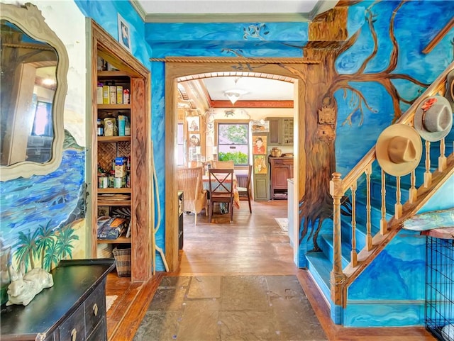219 Nanaquaket Rd, Tiverton, RI 02878 - foyer entrance with ornamental molding, arched walkways, and wood finished floors