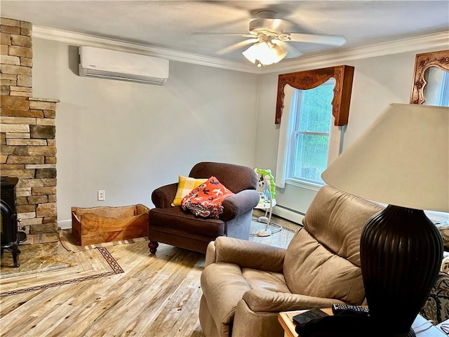 261 John Potter Rd, West Greenwich, RI 02817 - sitting room featuring an AC wall unit, hardwood / wood-style flooring, crown molding, baseboard heating, and baseboards