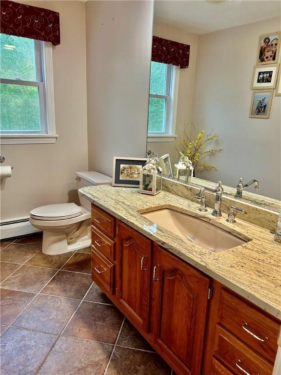 261 John Potter Rd, West Greenwich, RI 02817 - bathroom with a baseboard heating unit, toilet, vanity, and tile patterned floors