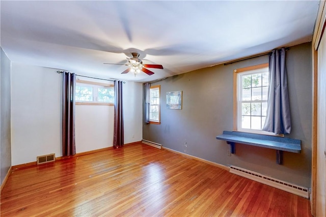 23 Sarah St, Providence, RI 02906 - unfurnished room with a baseboard radiator, light wood-style flooring, ceiling fan, and baseboards
