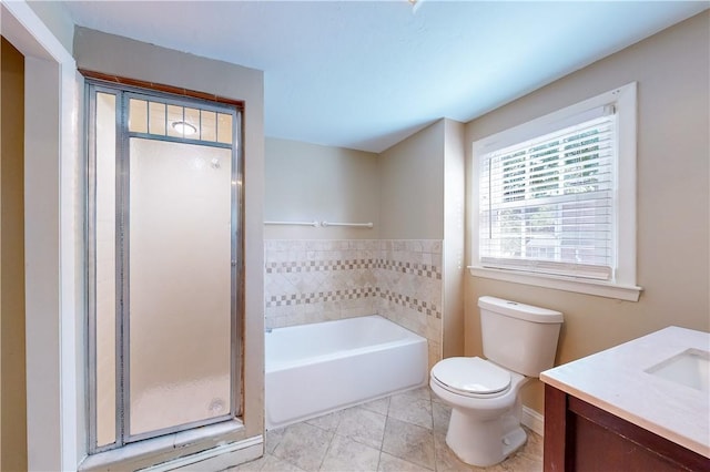 23 Sarah St, Providence, RI 02906 - bathroom with vanity, a garden tub, toilet, a shower stall, and tile patterned flooring