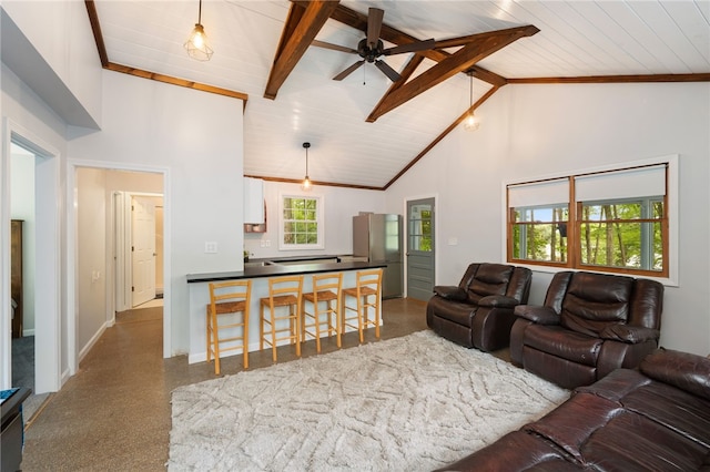 25 Melissa Ln, Burrillville, RI 02859 - living area with ceiling fan, wooden ceiling with exposed beams, baseboards, high vaulted ceiling, and crown molding
