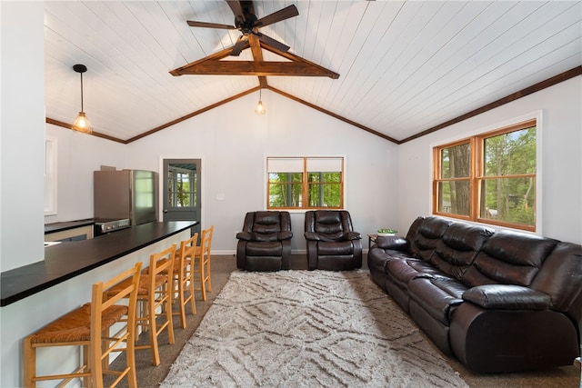 25 Melissa Ln, Burrillville, RI 02859 - carpeted living area featuring healthy amount of natural light, ceiling fan, vaulted ceiling, baseboards, and wood ceiling