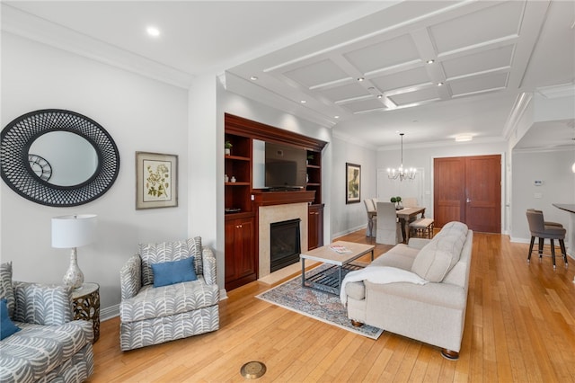 341 Thames St Unit 103, Bristol, RI 02809 - living room featuring light wood-type flooring, baseboards, recessed lighting, coffered ceiling, and crown molding