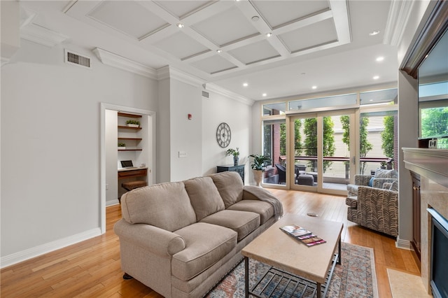 341 Thames St Unit 103, Bristol, RI 02809 - living room featuring a fireplace, ornamental molding, coffered ceiling, light wood finished floors, and recessed lighting