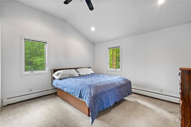 121 W Shore Dr, Exeter, RI 02822 - carpeted bedroom with a baseboard radiator, vaulted ceiling, a ceiling fan, and recessed lighting