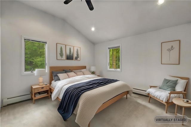 121 W Shore Dr, Exeter, RI 02822 - carpeted bedroom featuring a baseboard heating unit, vaulted ceiling, recessed lighting, and ceiling fan