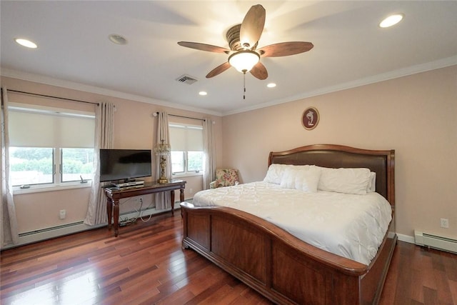 290 E View Ave, Cranston, RI 02920 - bedroom with a baseboard radiator, dark wood-style flooring, ornamental molding, recessed lighting, and ceiling fan