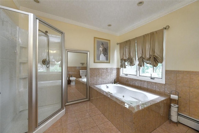 290 E View Ave, Cranston, RI 02920 - full bath featuring baseboard heating, a stall shower, a bath, tile patterned flooring, and crown molding