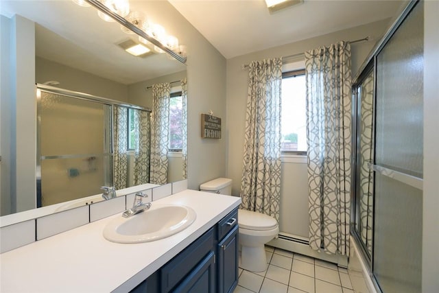 290 E View Ave, Cranston, RI 02920 - full bathroom featuring tile patterned flooring, toilet, an enclosed shower, vanity, and baseboard heating