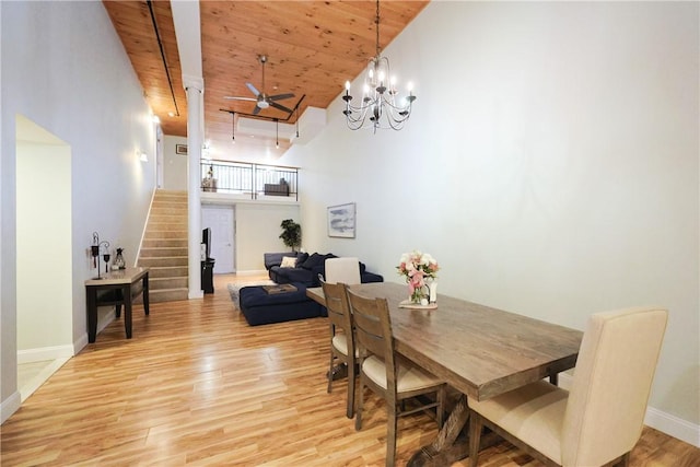 1 Tupperware Dr Unit 121, North Smithfield, RI 02896 - dining space with stairway, a ceiling fan, light wood-type flooring, baseboards, and high vaulted ceiling