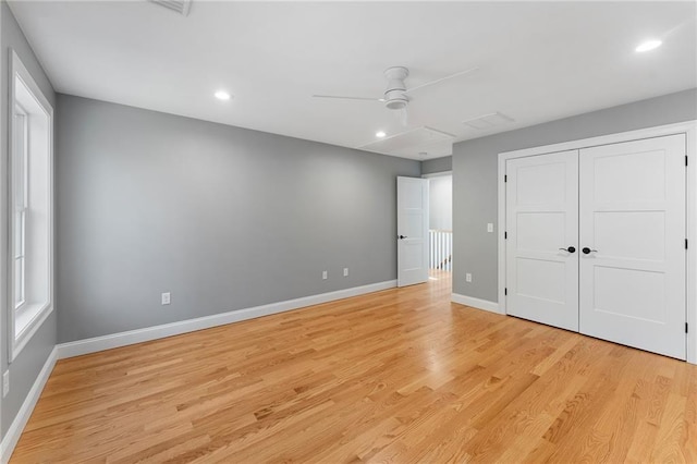 117 Mann School Rd, Smithfield, RI 02917 - unfurnished bedroom with light wood-type flooring, baseboards, ceiling fan, and recessed lighting