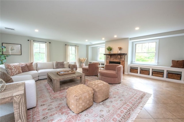 200 Miner Rd, North Kingstown, RI 02874 - tiled living room featuring a fireplace and recessed lighting