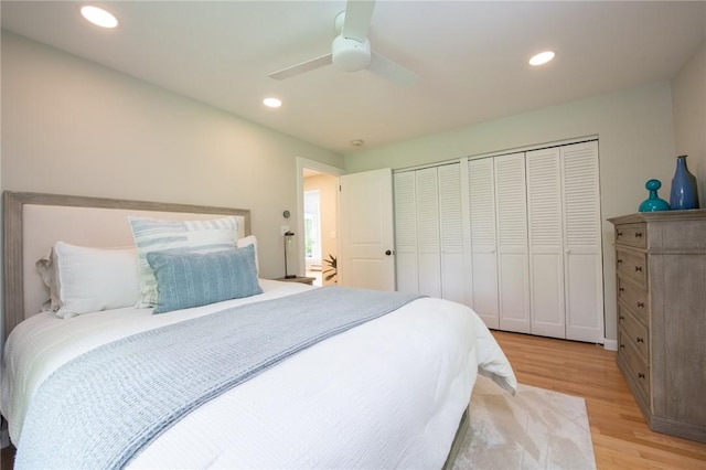 200 Miner Rd, North Kingstown, RI 02874 - bedroom featuring two closets, light wood finished floors, recessed lighting, and a ceiling fan