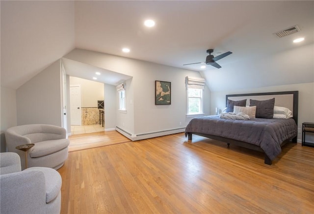 200 Miner Rd, North Kingstown, RI 02874 - bedroom with lofted ceiling, a baseboard heating unit, light wood finished floors, a ceiling fan, and recessed lighting
