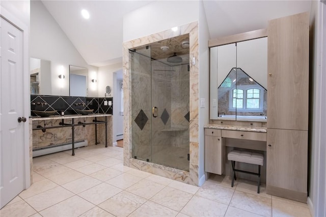 200 Miner Rd, North Kingstown, RI 02874 - full bathroom featuring a baseboard radiator, vanity, lofted ceiling, and a stall shower