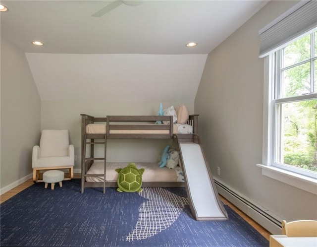 200 Miner Rd, North Kingstown, RI 02874 - sitting room with vaulted ceiling, recessed lighting, a baseboard heating unit, baseboards, and ceiling fan