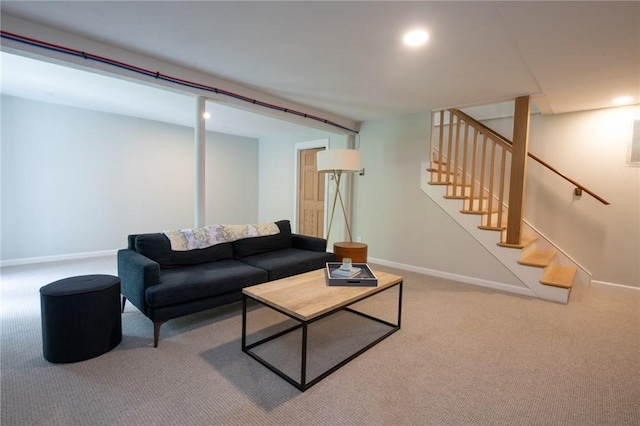 200 Miner Rd, North Kingstown, RI 02874 - living room with carpet floors, baseboards, stairway, and recessed lighting