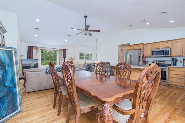 187 Plainfield Pike, Scituate, RI 02857 - dining area with vaulted ceiling, ceiling fan, light wood finished floors, and recessed lighting