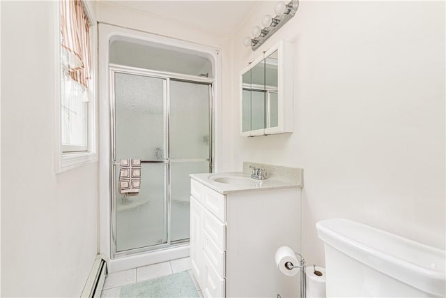 187 Plainfield Pike, Scituate, RI 02857 - full bath featuring a shower stall, vanity, toilet, tile patterned flooring, and a baseboard radiator