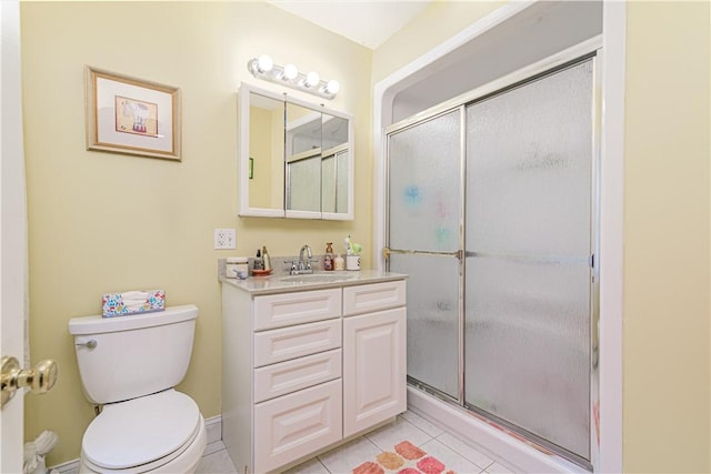 187 Plainfield Pike, Scituate, RI 02857 - bathroom featuring toilet, vanity, tile patterned floors, and a shower with door