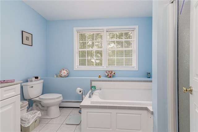 187 Plainfield Pike, Scituate, RI 02857 - bathroom featuring a baseboard heating unit, a garden tub, tile patterned floors, toilet, and vanity