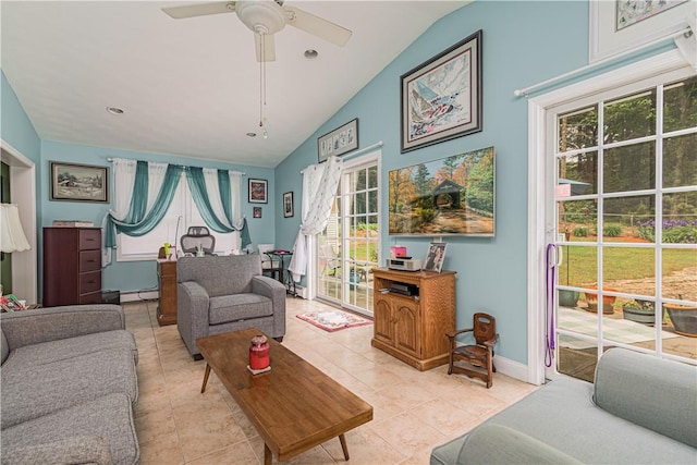 187 Plainfield Pike, Scituate, RI 02857 - living room featuring vaulted ceiling, light tile patterned floors, ceiling fan, a baseboard heating unit, and baseboards