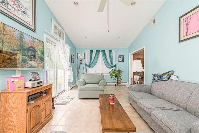 187 Plainfield Pike, Scituate, RI 02857 - living room with light tile patterned flooring, lofted ceiling, a baseboard radiator, a ceiling fan, and recessed lighting