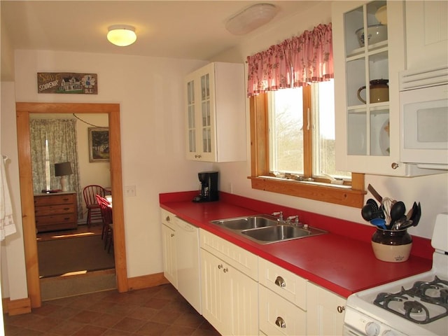 540 Off Center Rd, Block Island, RI 02807 - kitchen with white appliances, a sink, glass insert cabinets, baseboards, and white cabinetry