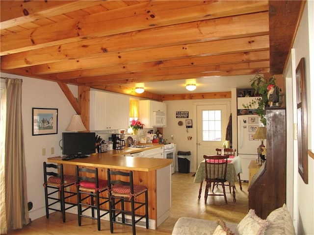 540 Off Center Rd, Block Island, RI 02807 - kitchen with white appliances, white cabinetry, a peninsula, beam ceiling, and a breakfast bar