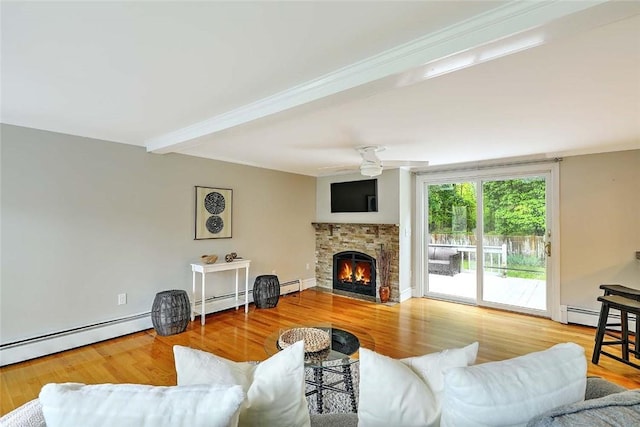 15 Lafayette Rd, Barrington, RI 02806 - living room featuring ceiling fan, a baseboard radiator, a fireplace, wood finished floors, and beam ceiling
