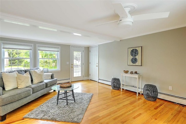 15 Lafayette Rd, Barrington, RI 02806 - living room featuring baseboard heating, light wood finished floors, a ceiling fan, and crown molding