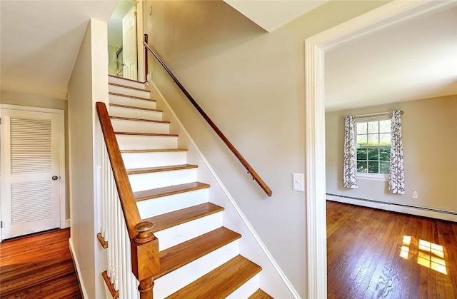15 Lafayette Rd, Barrington, RI 02806 - staircase featuring baseboard heating, wood-type flooring, and baseboards