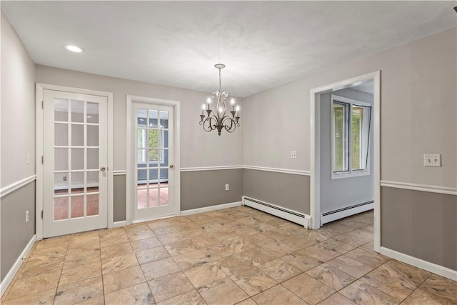 19 Bruce Dr, North Smithfield, RI 02896 - unfurnished dining area with plenty of natural light, baseboards, a chandelier, a baseboard radiator, and recessed lighting