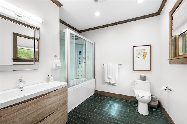 3 Gardenia Dr Unit M6, Richmond, RI 02898 - full bathroom with crown molding, toilet, vanity, baseboards, and shower / bath combination with glass door