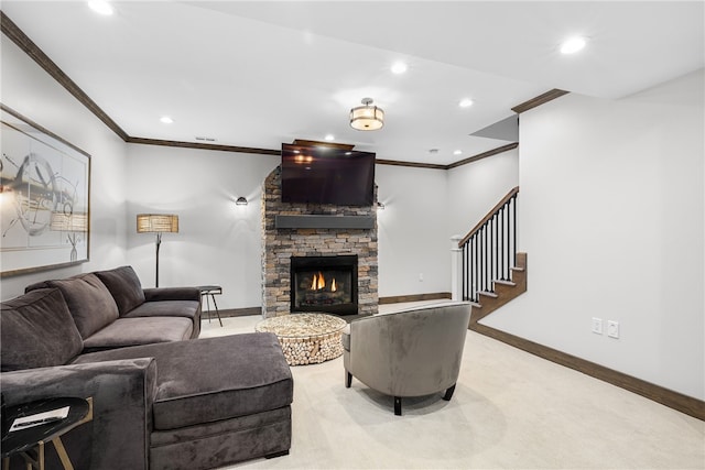 3 Gardenia Dr Unit M6, Richmond, RI 02898 - carpeted living area with ornamental molding, recessed lighting, baseboards, stairs, and a fireplace