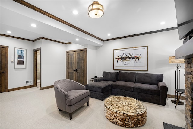 3 Gardenia Dr Unit M6, Richmond, RI 02898 - living room with light colored carpet, crown molding, recessed lighting, and baseboards