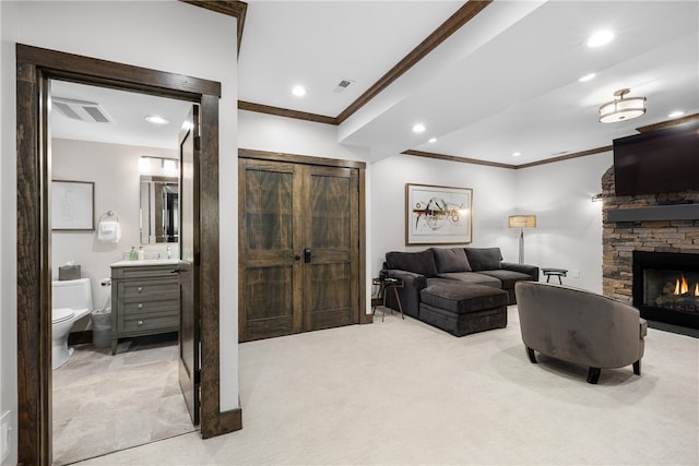 3 Gardenia Dr Unit M6, Richmond, RI 02898 - living area featuring ornamental molding, light colored carpet, recessed lighting, and a fireplace