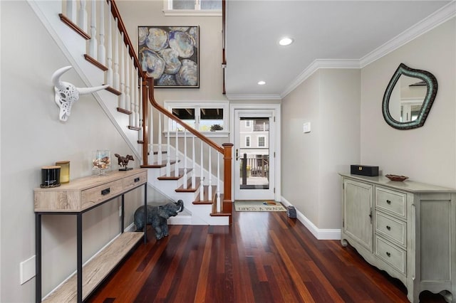 129 Sand Hill Cove Rd, Narragansett, RI 02882 - foyer featuring wood finished floors, recessed lighting, baseboards, stairway, and ornamental molding