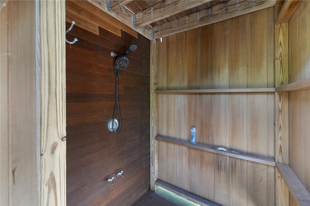 129 Sand Hill Cove Rd, Narragansett, RI 02882 - bathroom view of wood walls and tiled shower