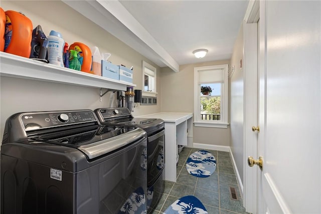 129 Sand Hill Cove Rd, Narragansett, RI 02882 - washroom featuring separate washer and dryer, dark tile patterned flooring, and baseboards