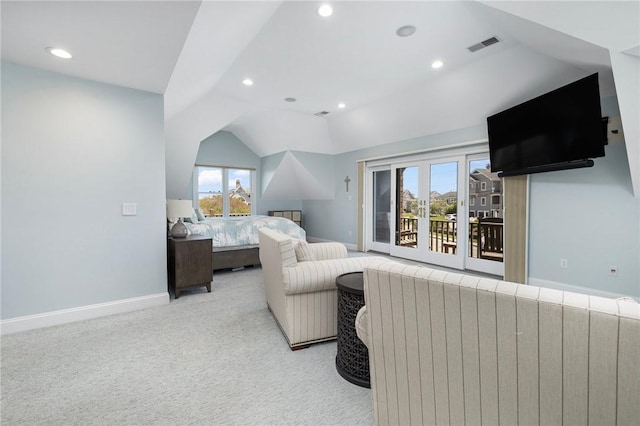 129 Sand Hill Cove Rd, Narragansett, RI 02882 - bedroom featuring lofted ceiling, access to exterior, recessed lighting, light carpet, and baseboards