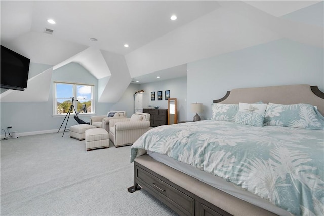 129 Sand Hill Cove Rd, Narragansett, RI 02882 - bedroom featuring light carpet, vaulted ceiling, recessed lighting, and baseboards