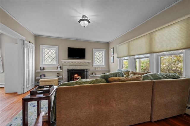 47 Cliff St, East Greenwich, RI 02818 - living area featuring wood finished floors, a brick fireplace, and crown molding