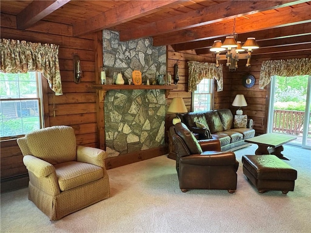 85 Plainfield Pike, Foster, RI 02825 - carpeted living area with a chandelier, wood ceiling with exposed beams, and wooden walls